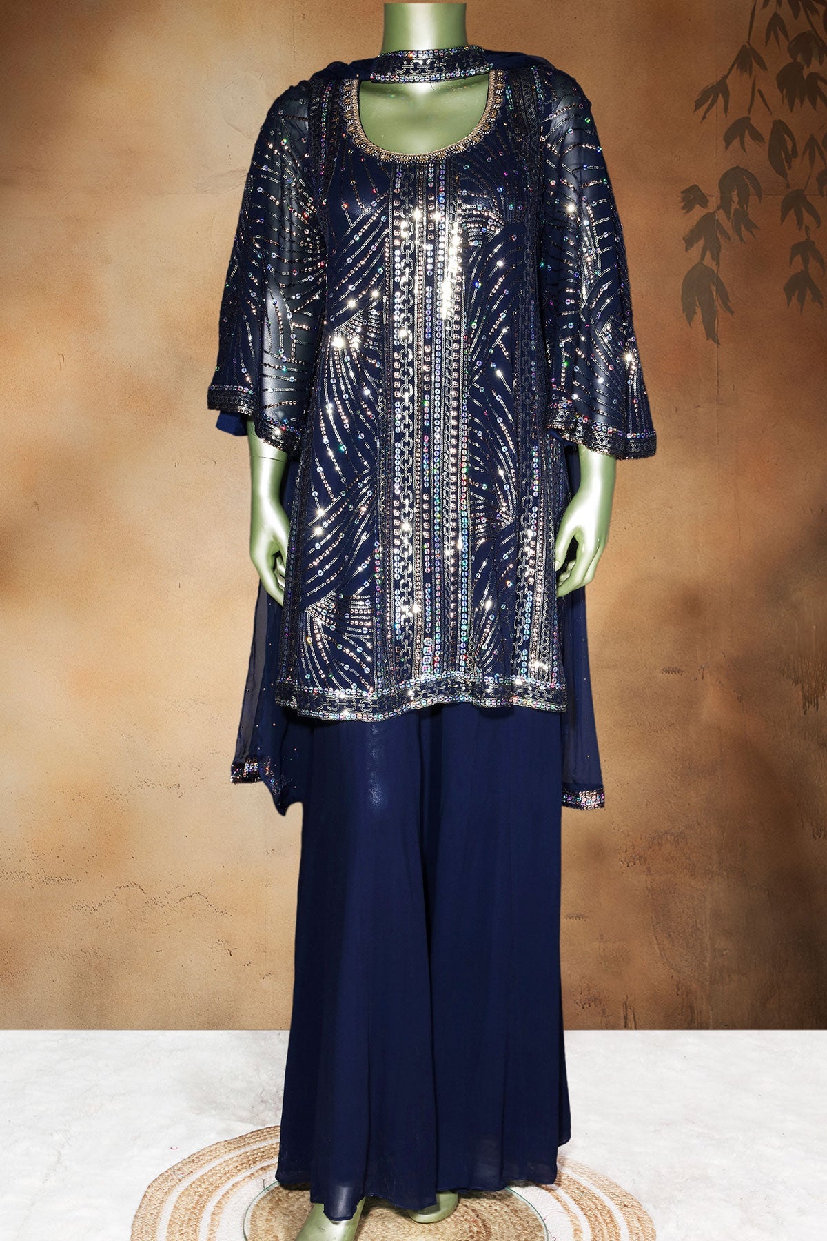 Navy Georgette Ready Made Suit with Elegant Sequence Work