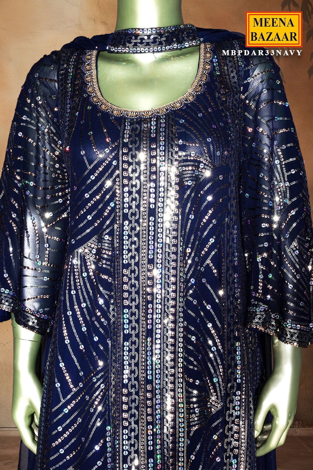 Navy Georgette Ready Made Suit with Elegant Sequence Work