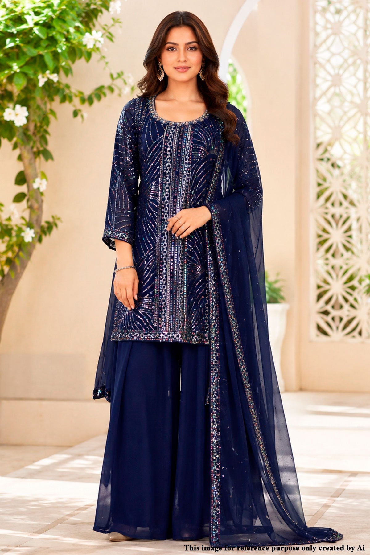 Navy Georgette Ready Made Suit with Elegant Sequence Work