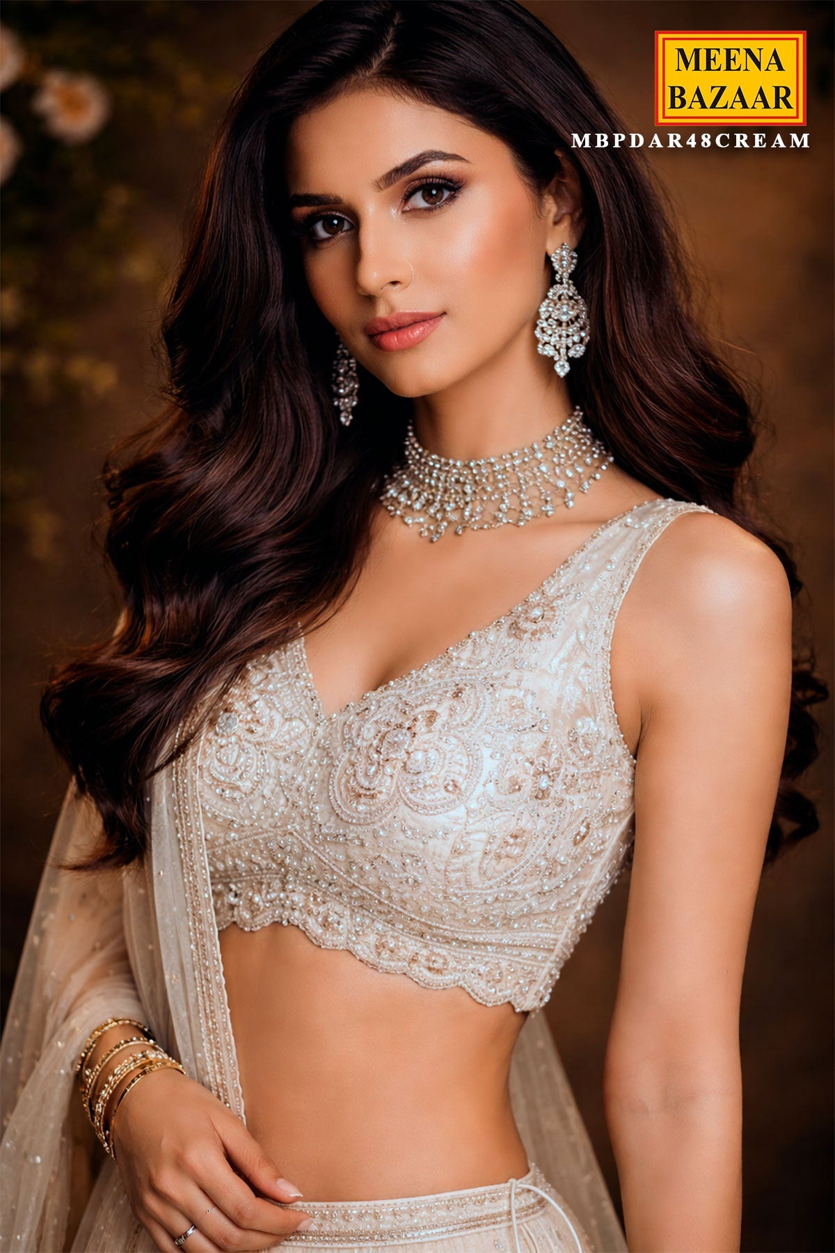 Cream Shimmer Lehenga with Cut Dana, Zari & Sequin Work