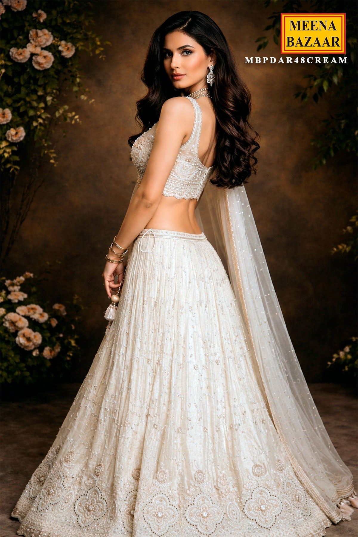 Cream Shimmer Lehenga with Cut Dana, Zari & Sequin Work
