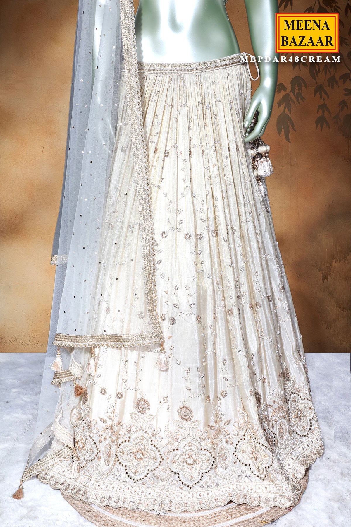 Cream Shimmer Lehenga with Cut Dana, Zari & Sequin Work