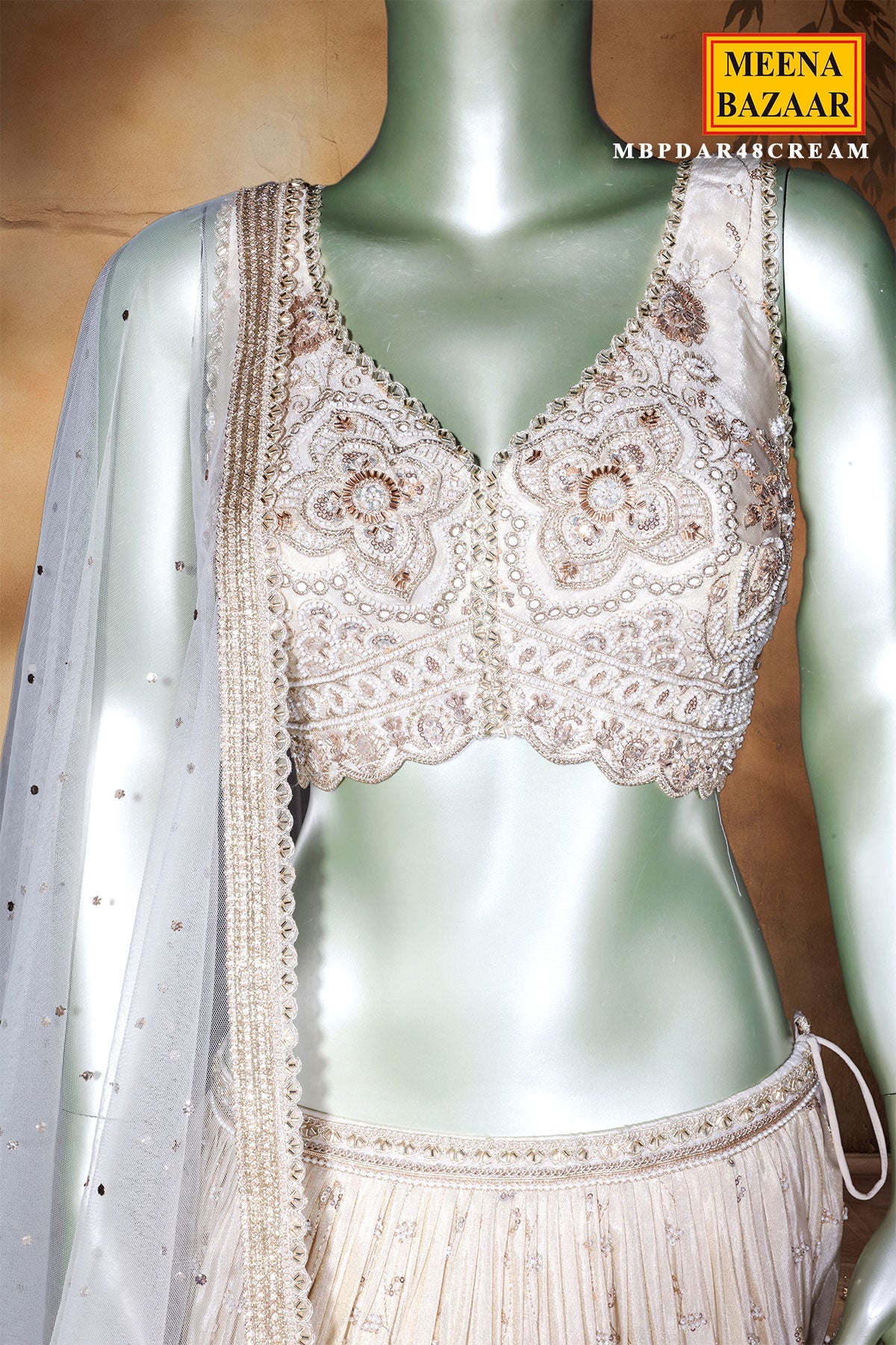 Cream Shimmer Lehenga with Cut Dana, Zari & Sequin Work