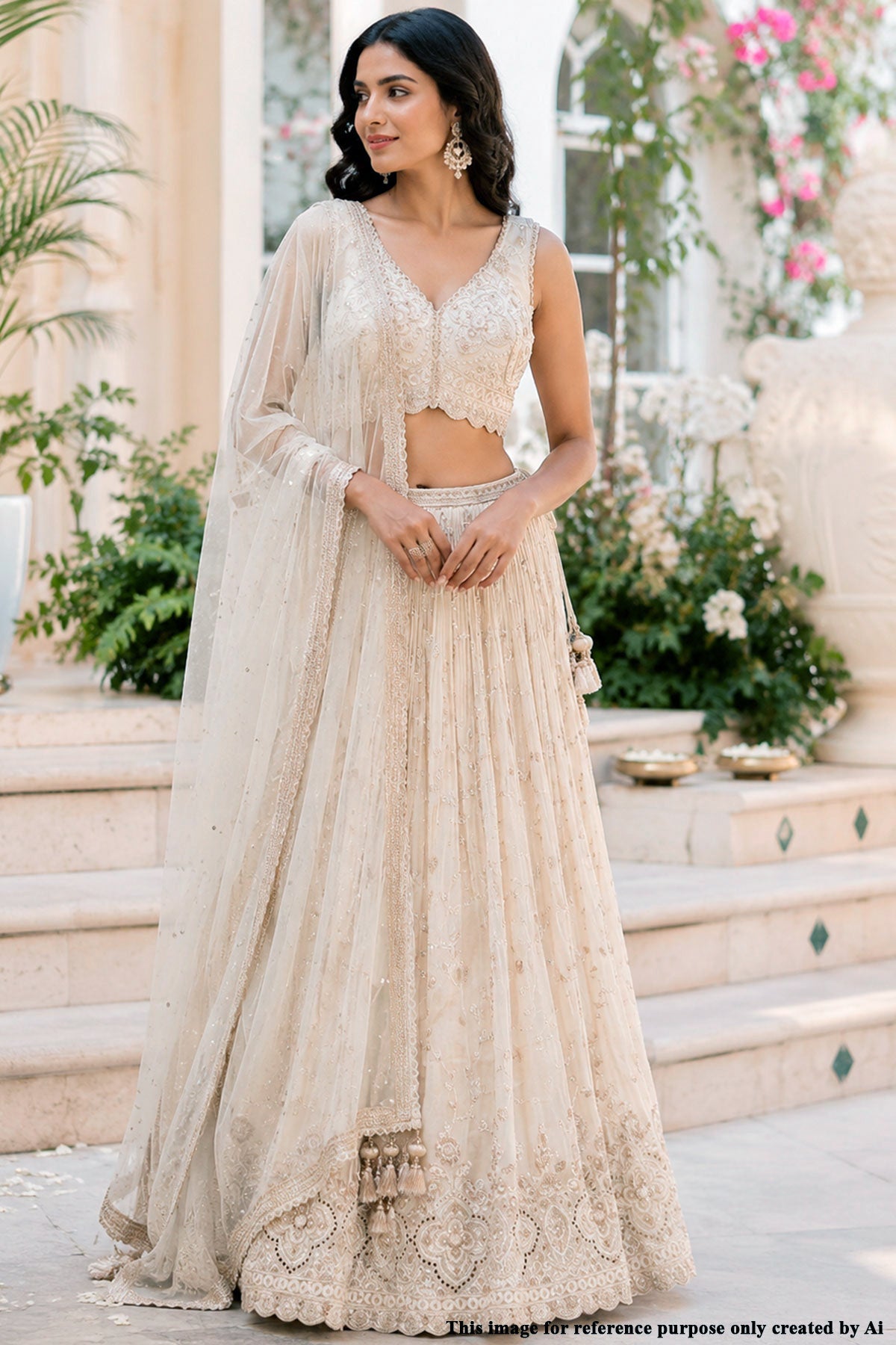 Cream Shimmer Lehenga with Cut Dana, Zari & Sequin Work