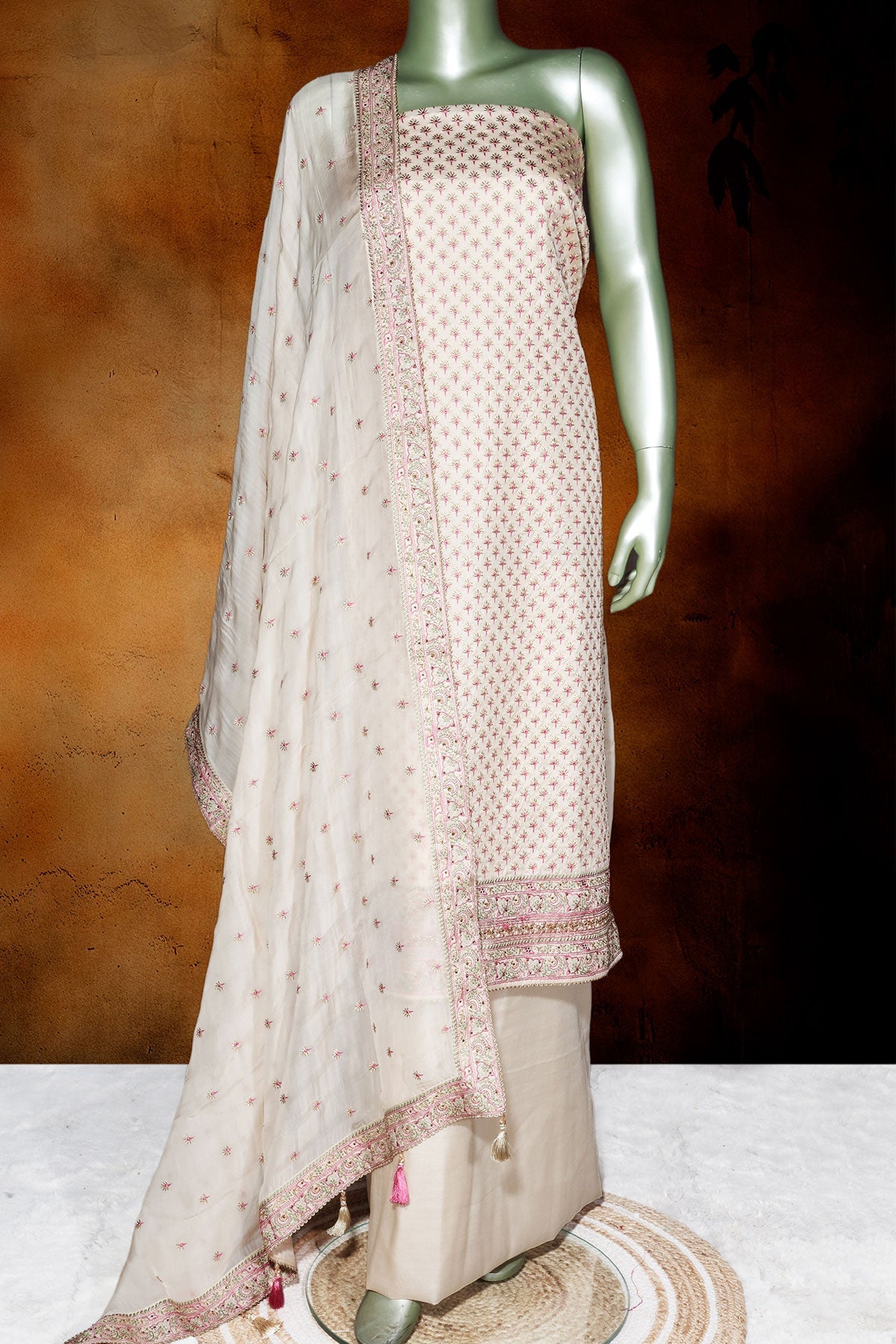 Tussar Silk Unstitched Suit with Thread & Zari Work