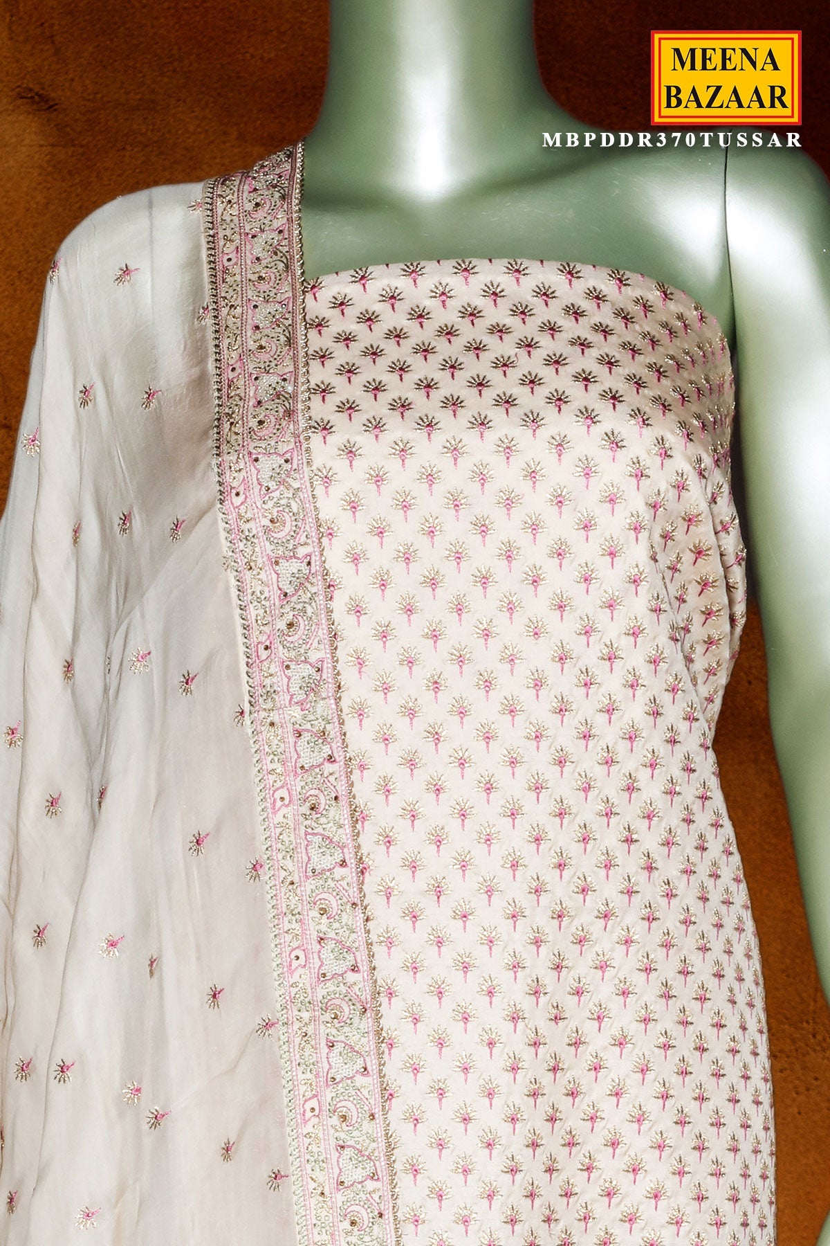 Tussar Silk Unstitched Suit with Thread & Zari Work