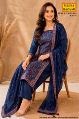 Navy Tussar Silk Unstitched Suit with Intricate Thread Embroider