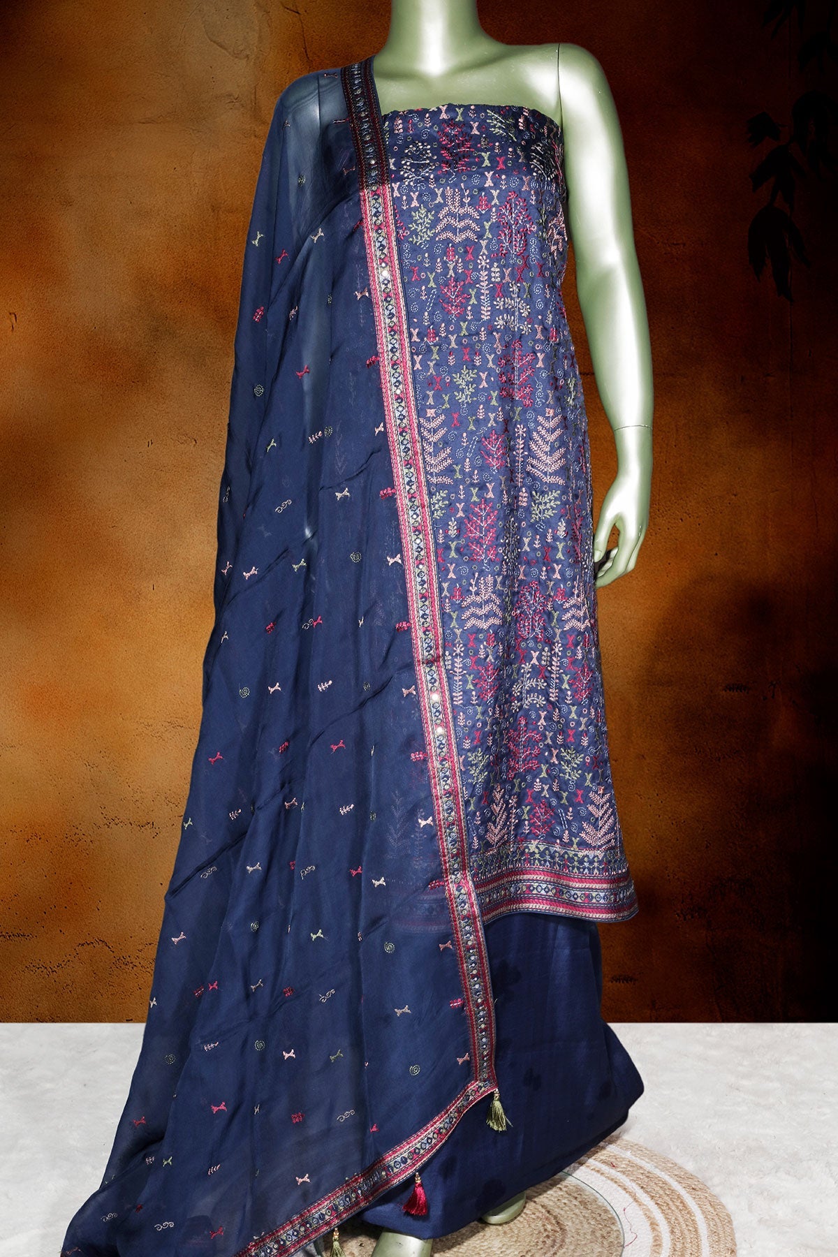 Navy Tussar Silk Unstitched Suit with Intricate Thread Embroider