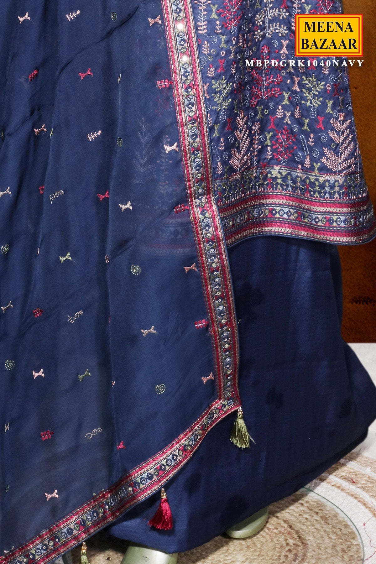 Navy Tussar Silk Unstitched Suit with Intricate Thread Embroider