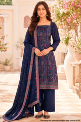 Navy Tussar Silk Unstitched Suit with Intricate Thread Embroider