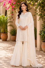 Cream Georgette Sequin Embroidered 3Pc Unstitched Suit