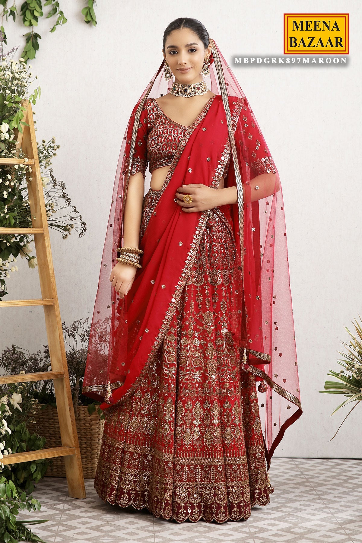 Maroon Embroidered Georgette Lehenga