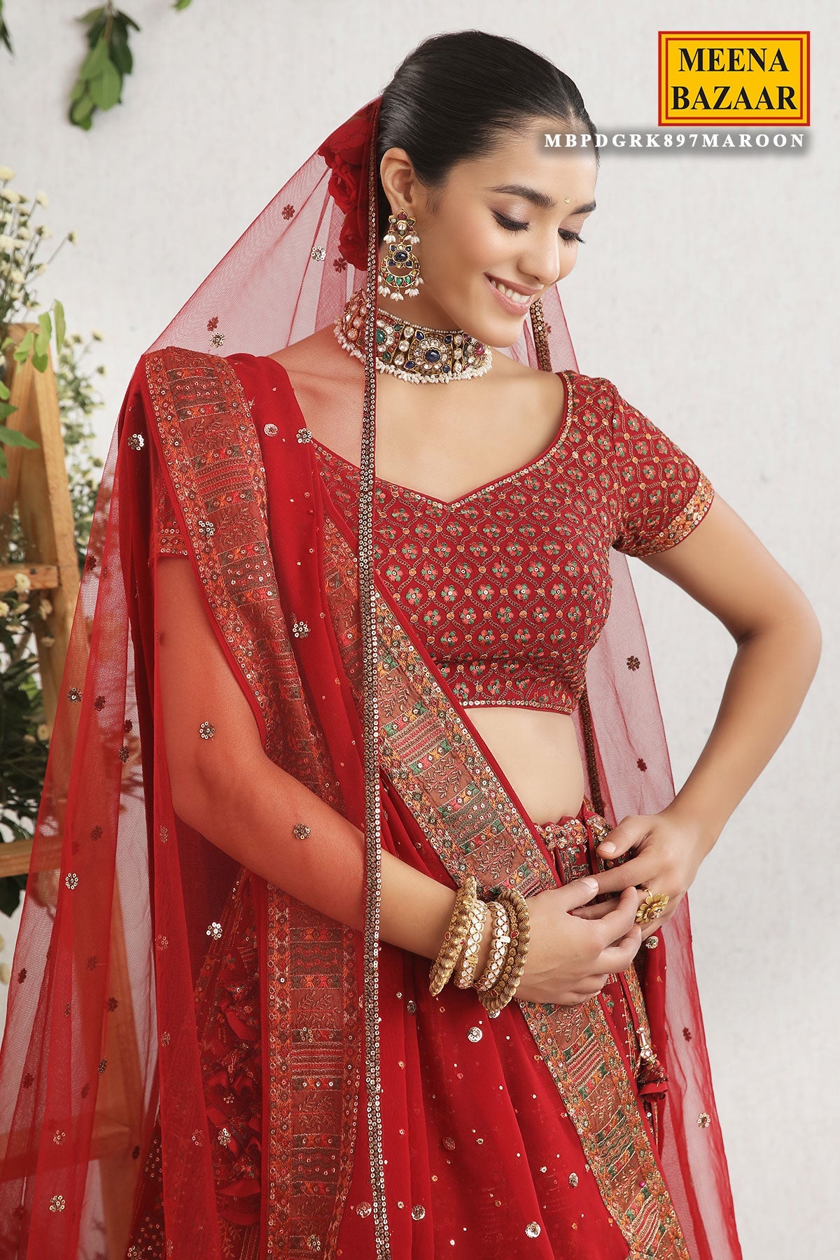Maroon Embroidered Georgette Lehenga