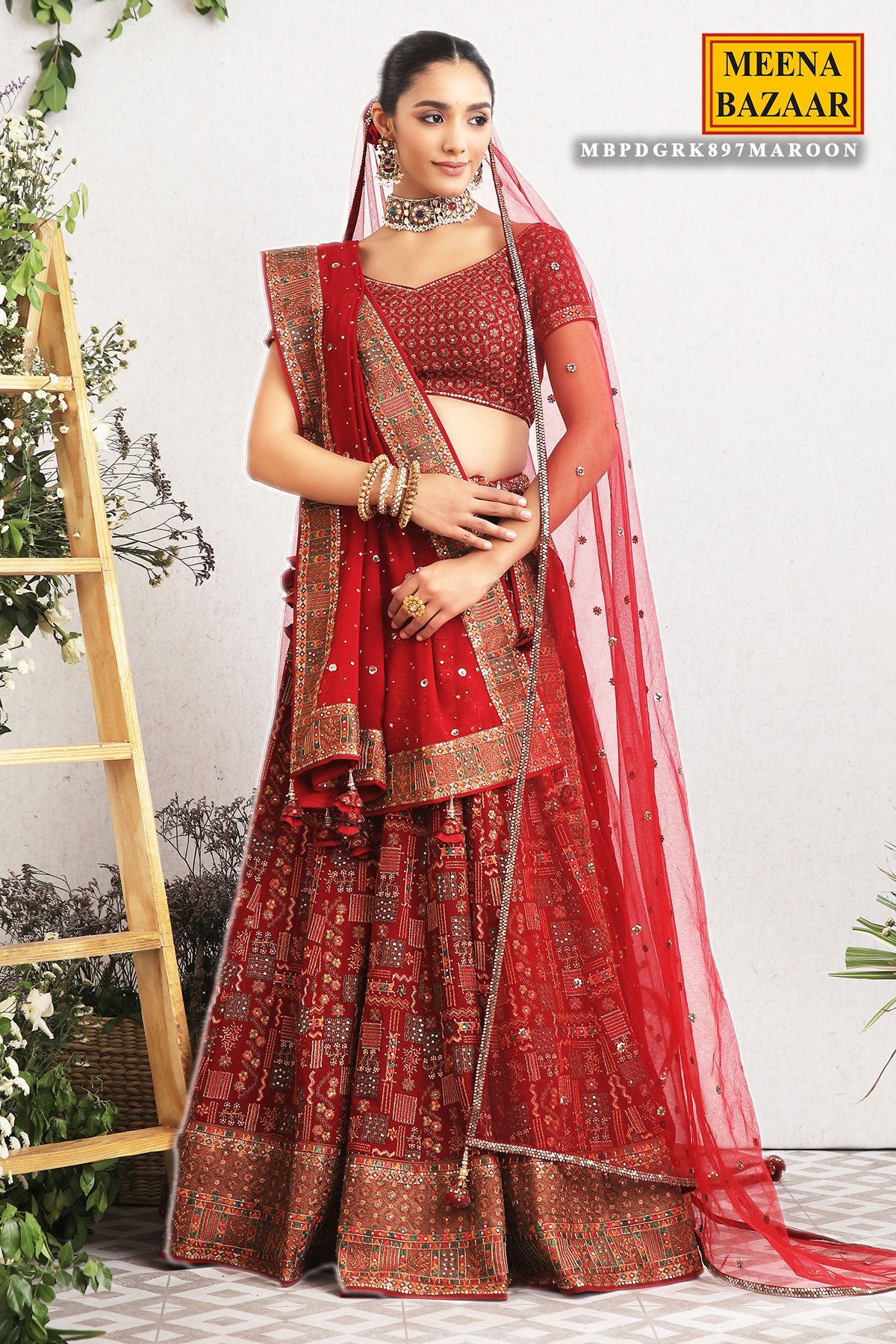 Maroon Embroidered Georgette Lehenga