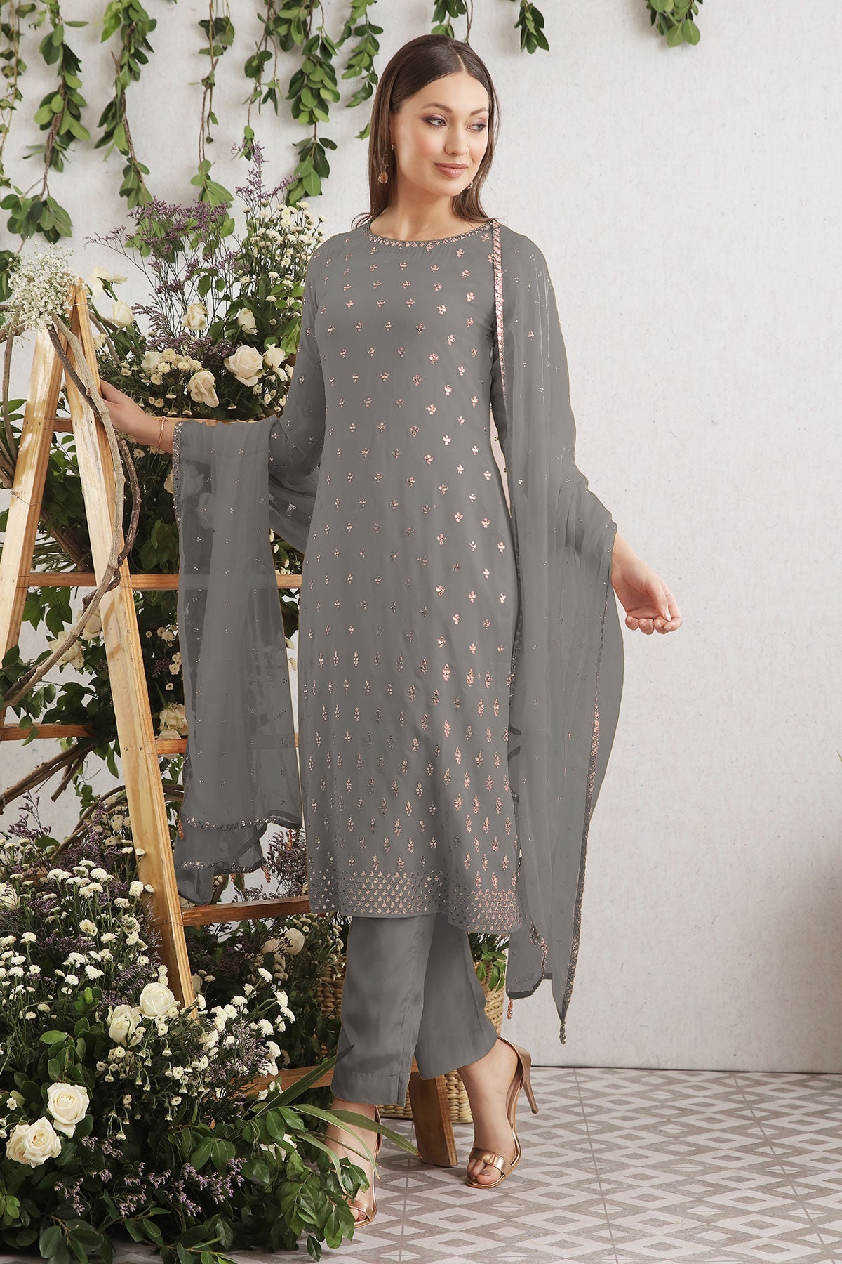 Grey Embroidered Georgette Unstitched Suit