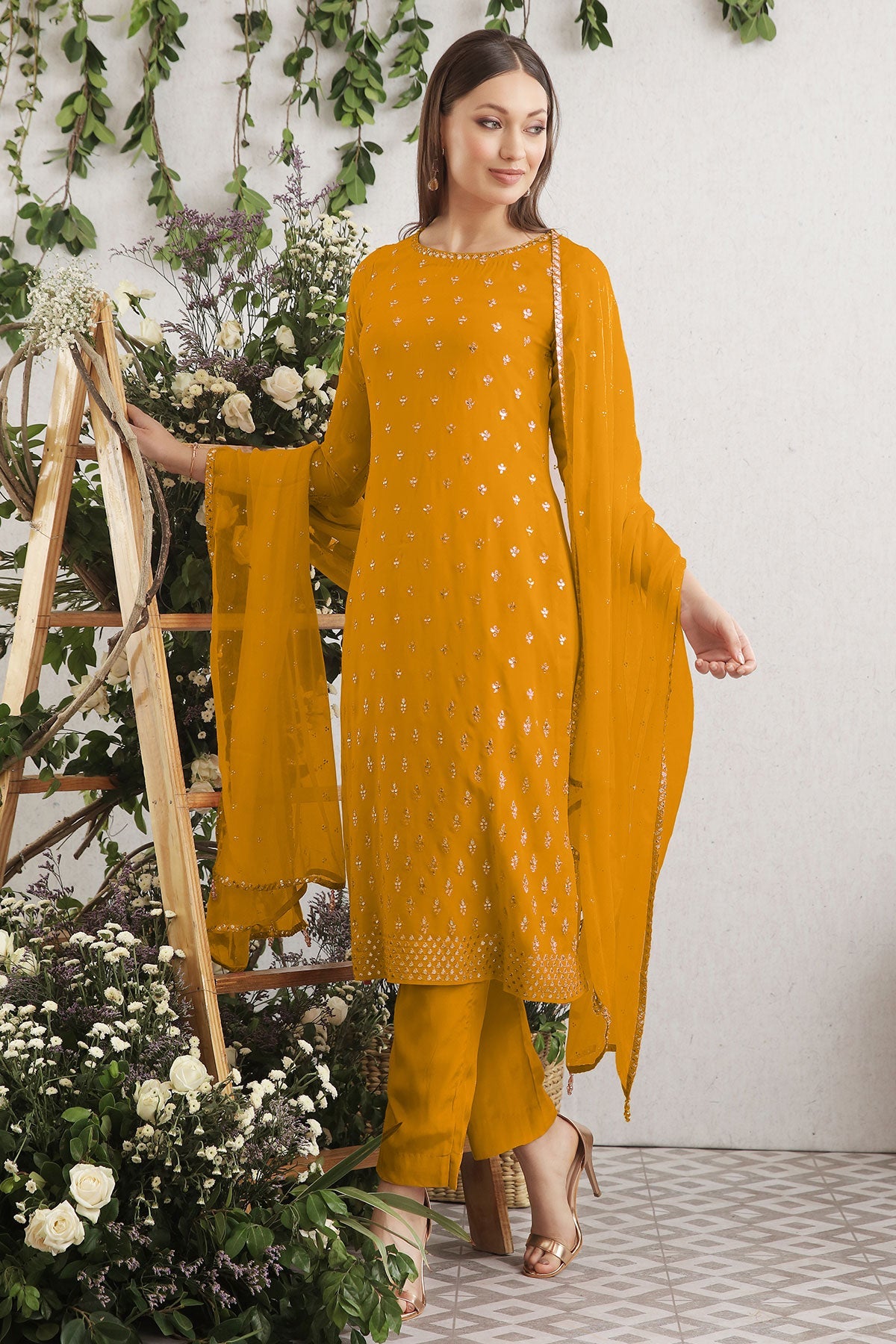 Mustard Embroidered Georgette Unstitched Suit