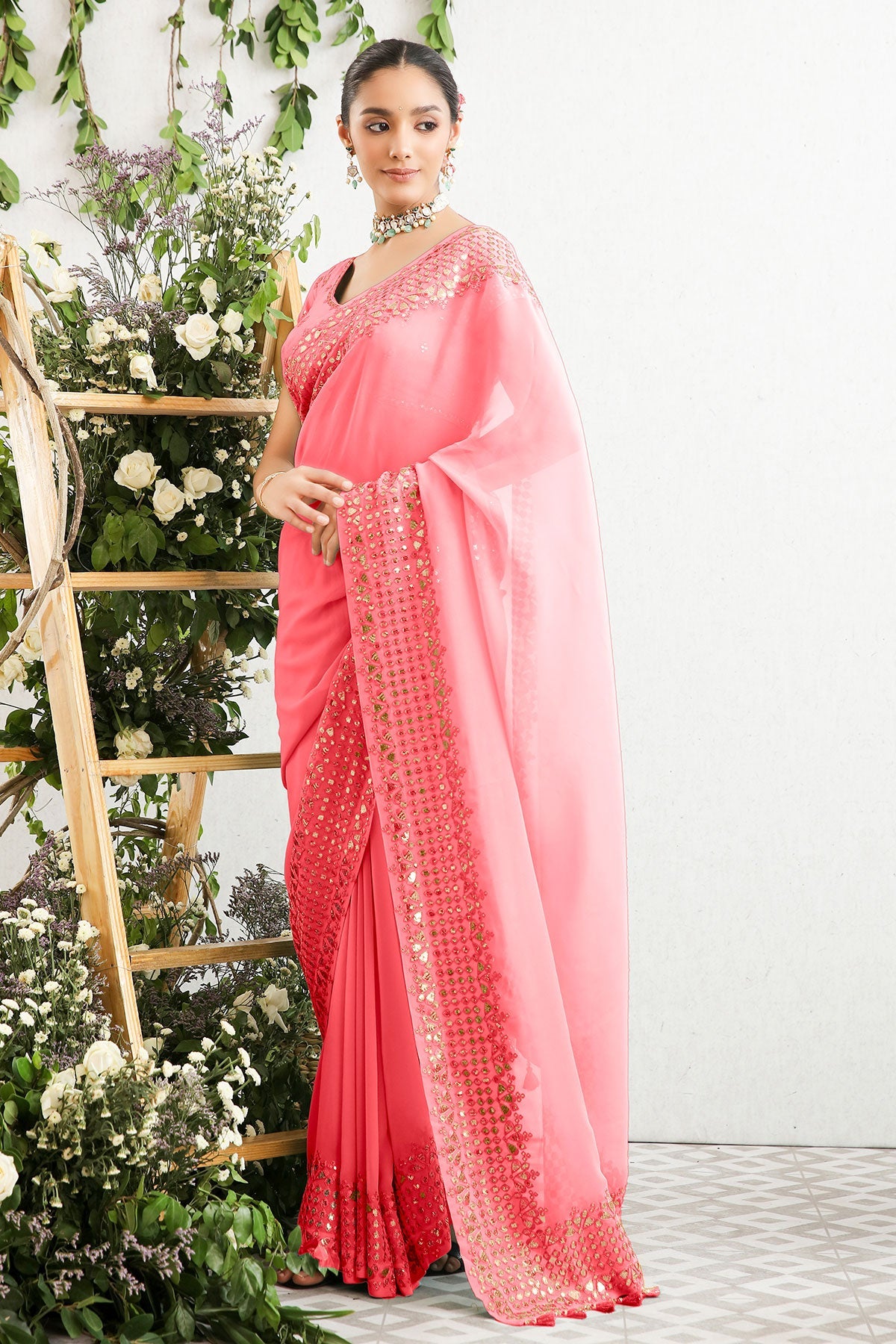 Gajari Georgette Gota Patti, Sequins, and Thread Embroidered Saree