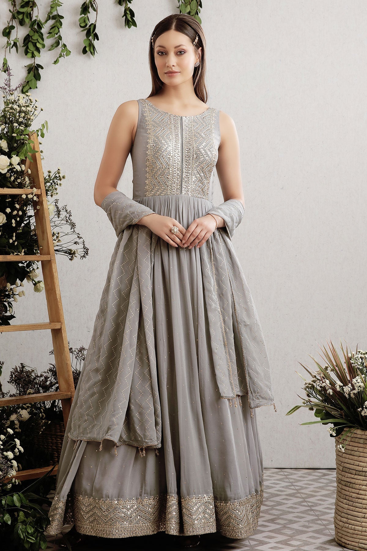 Grey Embroidered Georgette Anarkali Suit