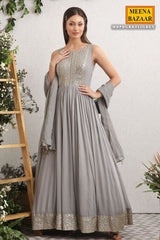 Grey Embroidered Georgette Anarkali Suit