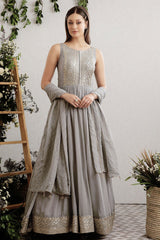 Grey Embroidered Georgette Anarkali Suit