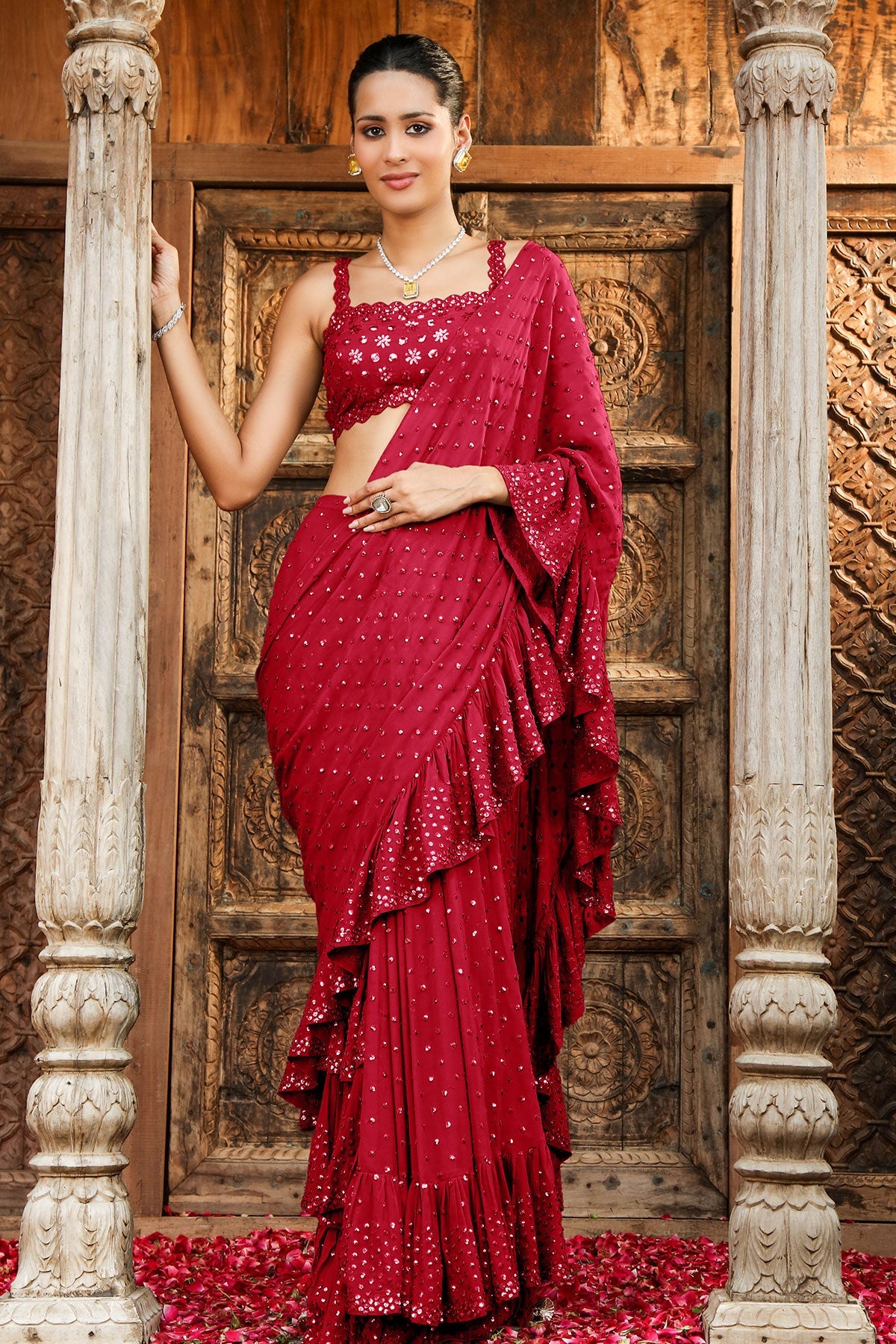 Maroon Georgette Swarovski Embedded Saree