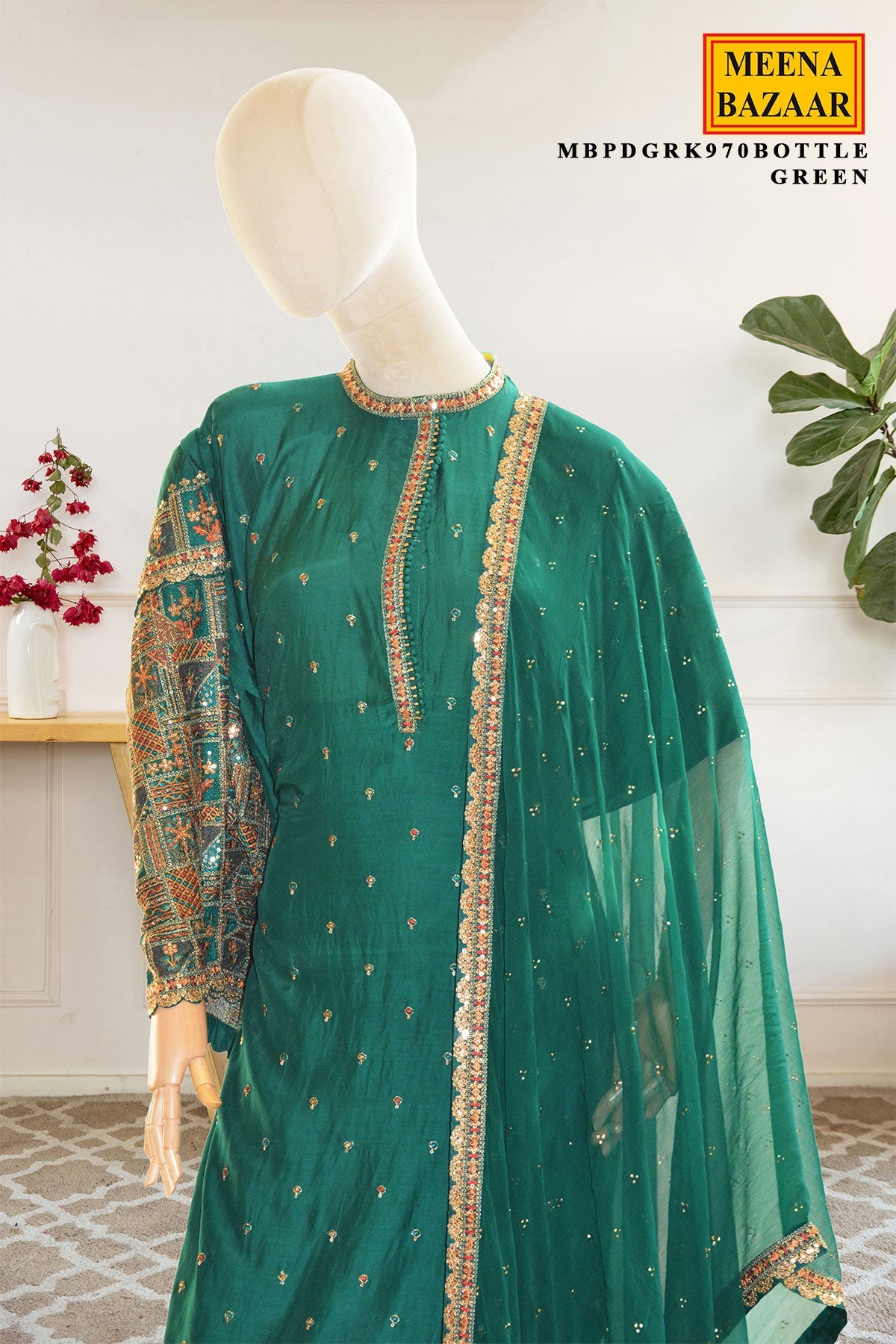 Bottle Green Embroidered Silk Kurta Set