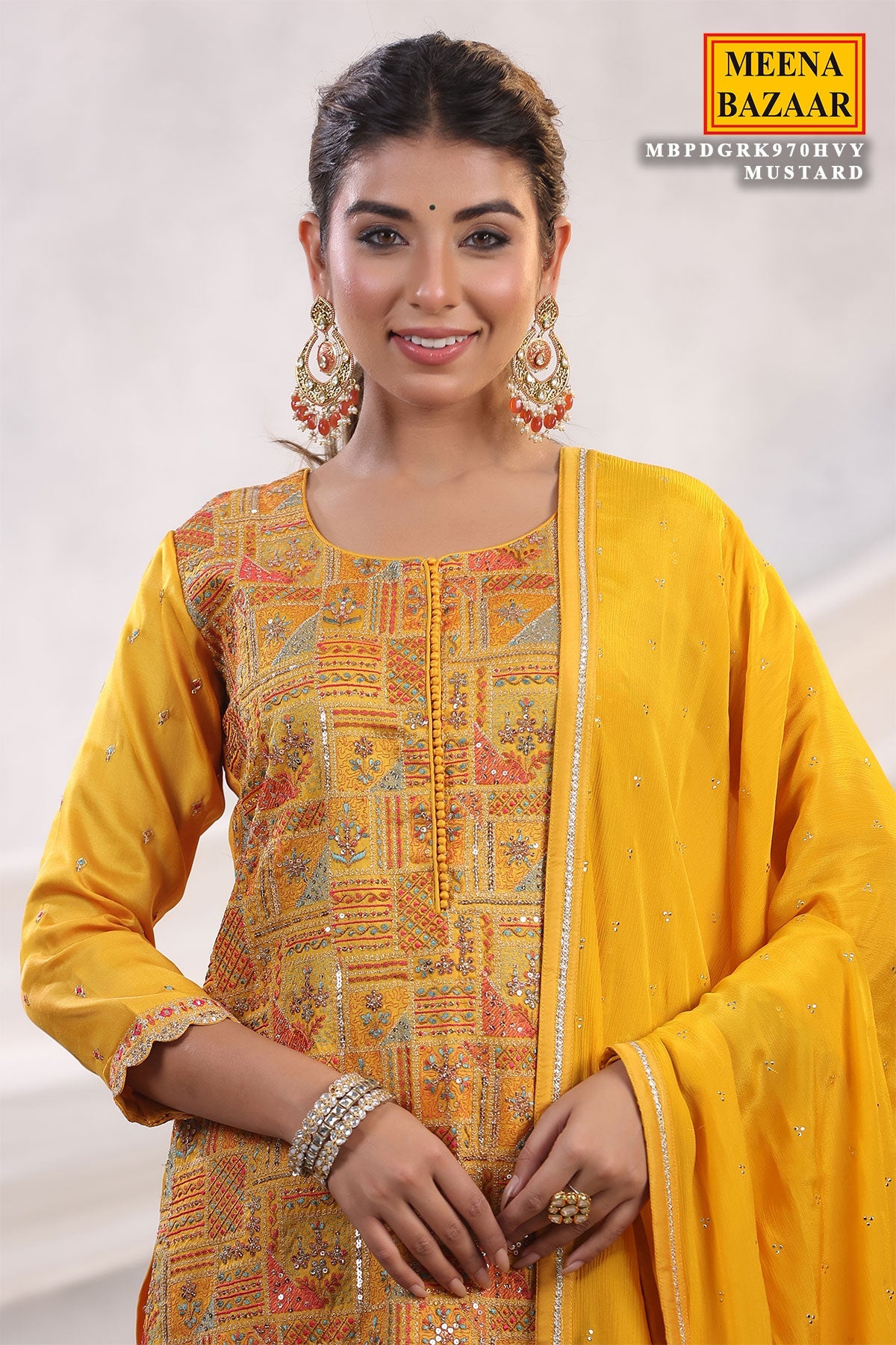 Mustard Silk Threadwork Zari and Sequins Embroidered Unstitched Suit