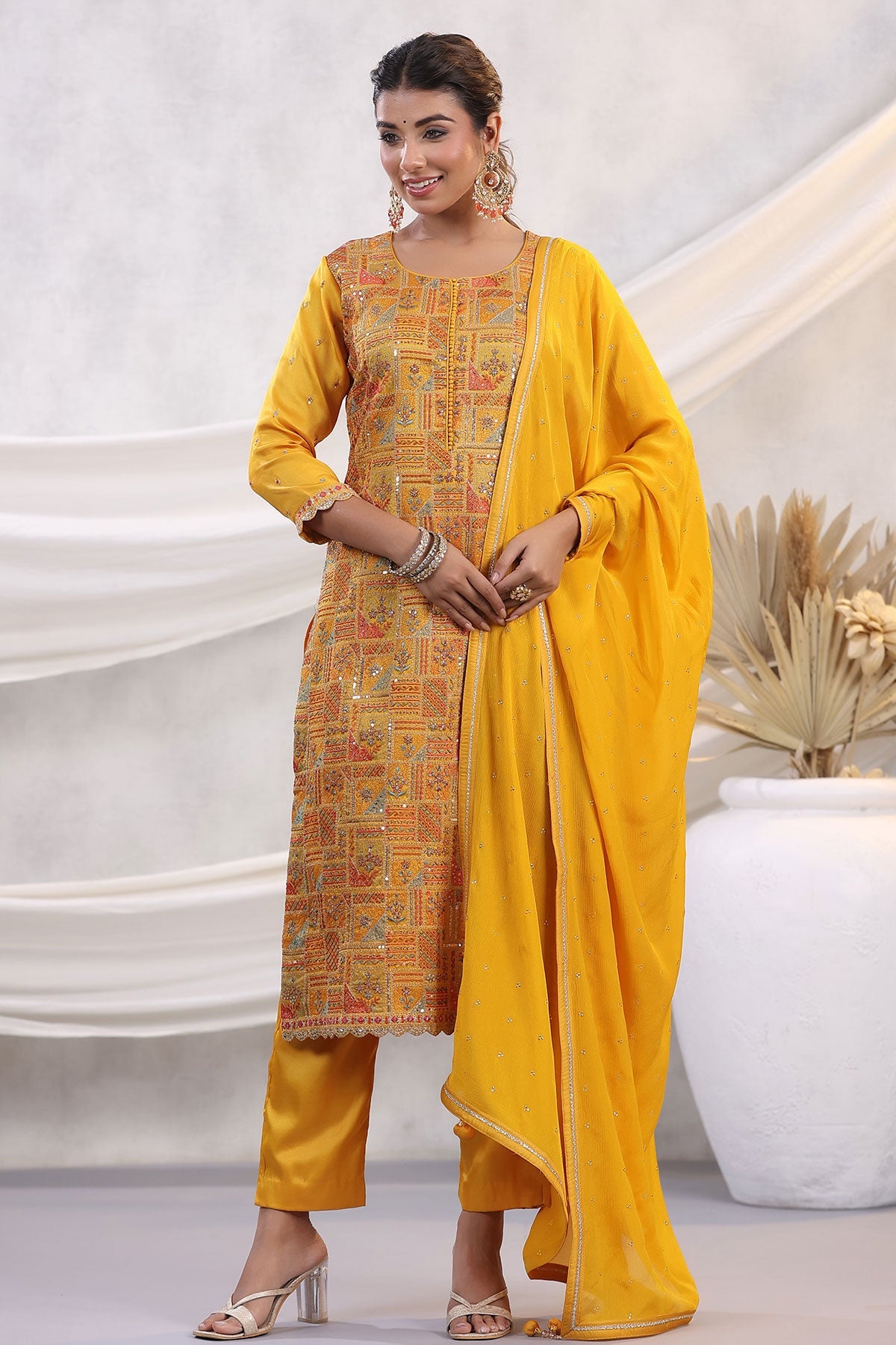 Mustard Silk Threadwork Zari and Sequins Embroidered Unstitched Suit