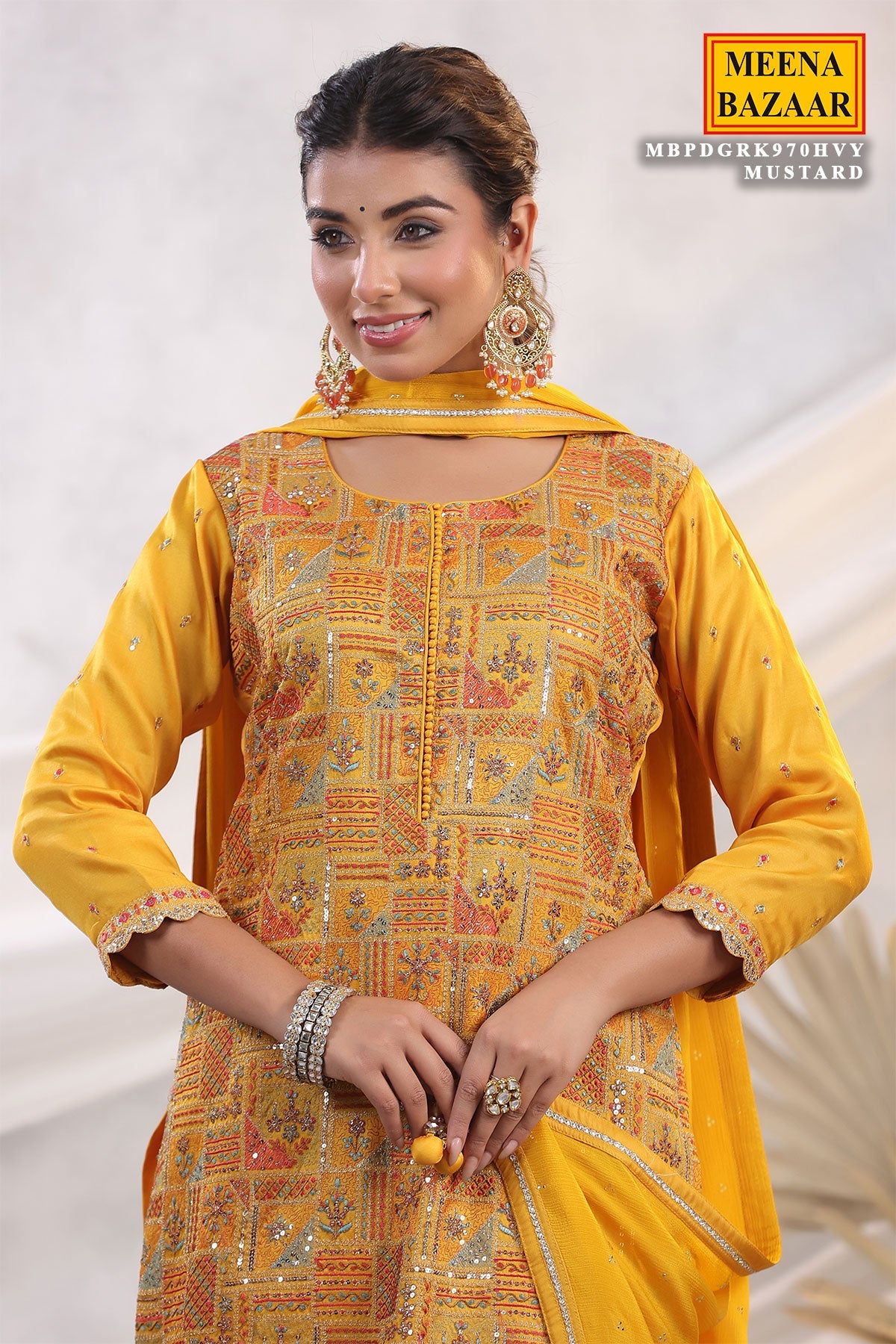 Mustard Silk Threadwork Zari and Sequins Embroidered Unstitched Suit
