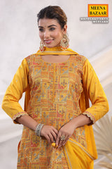 Mustard Silk Threadwork Zari and Sequins Embroidered Unstitched Suit