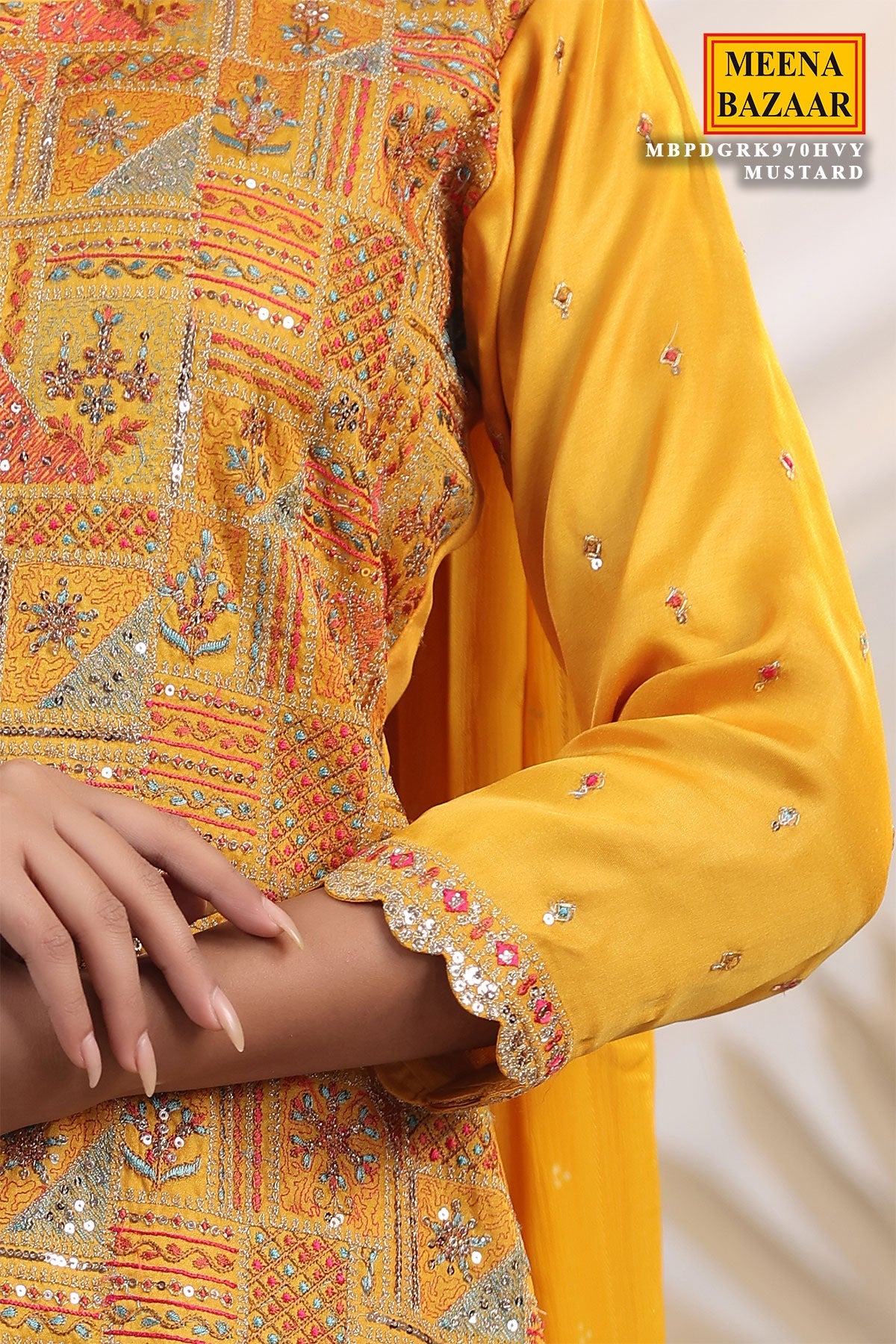 Mustard Silk Threadwork Zari and Sequins Embroidered Unstitched Suit