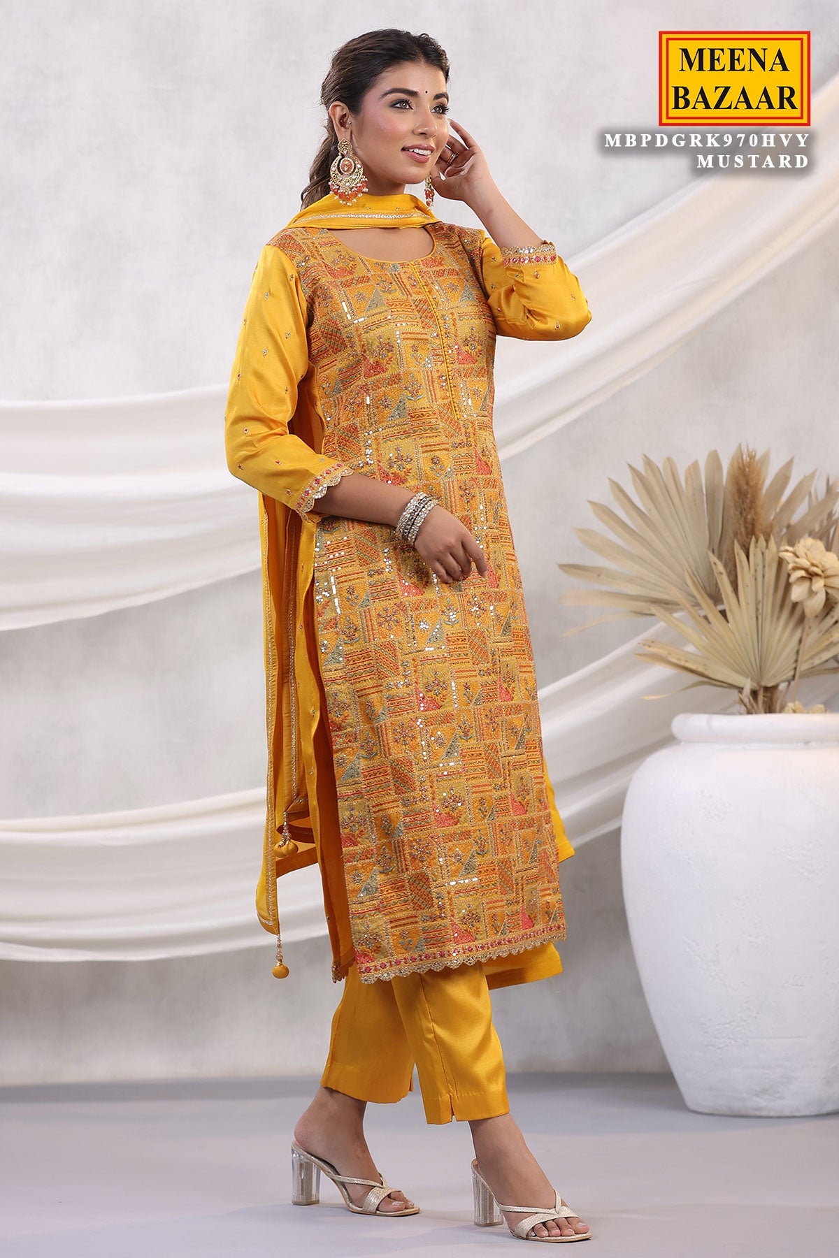 Mustard Silk Threadwork Zari and Sequins Embroidered Unstitched Suit