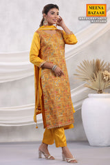 Mustard Silk Threadwork Zari and Sequins Embroidered Unstitched Suit