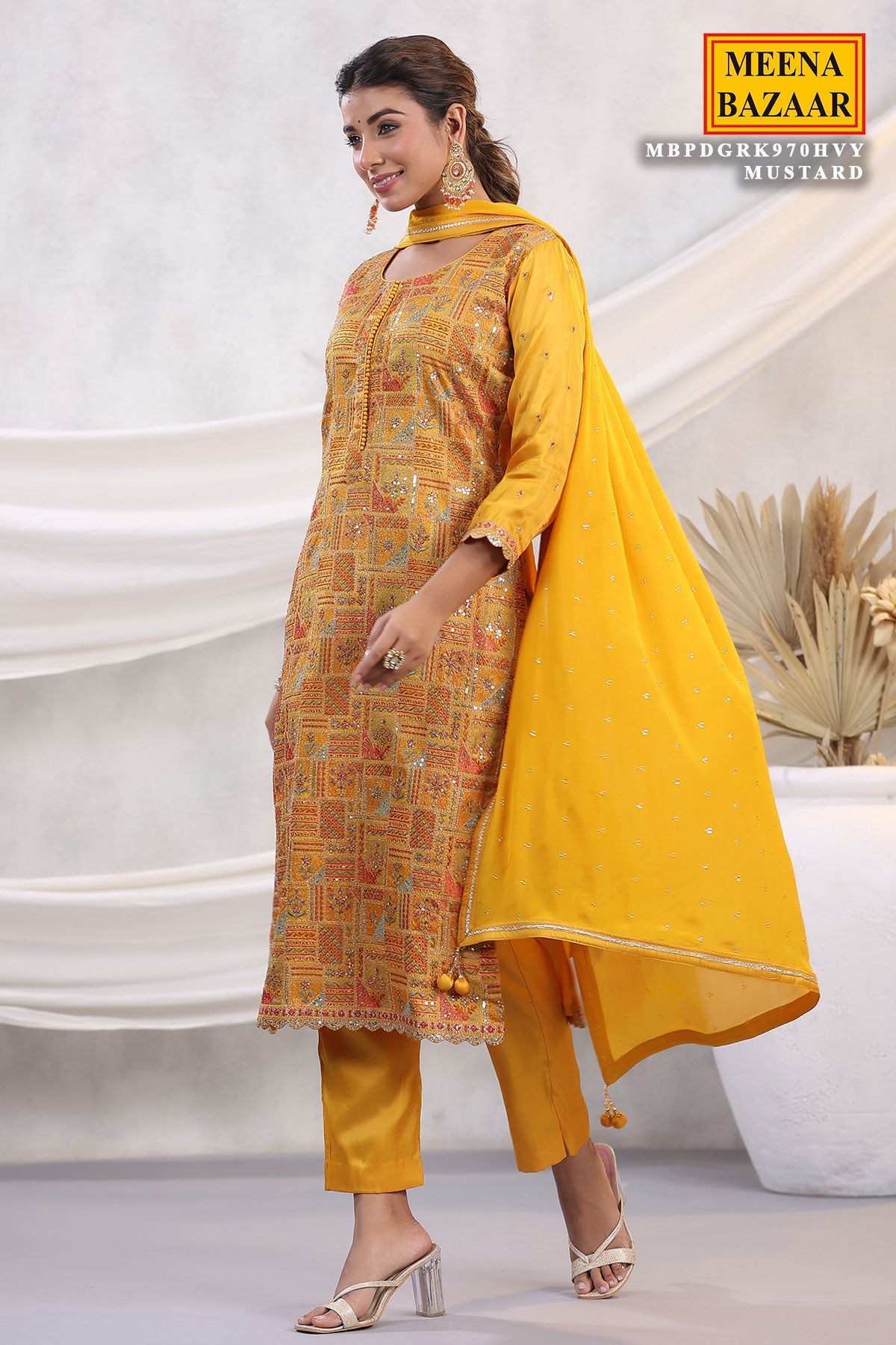 Mustard Silk Threadwork Zari and Sequins Embroidered Unstitched Suit