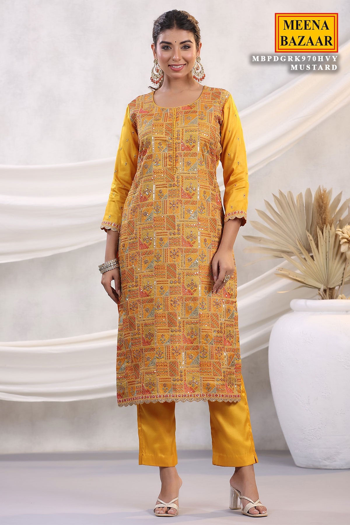 Mustard Silk Threadwork Zari and Sequins Embroidered Unstitched Suit
