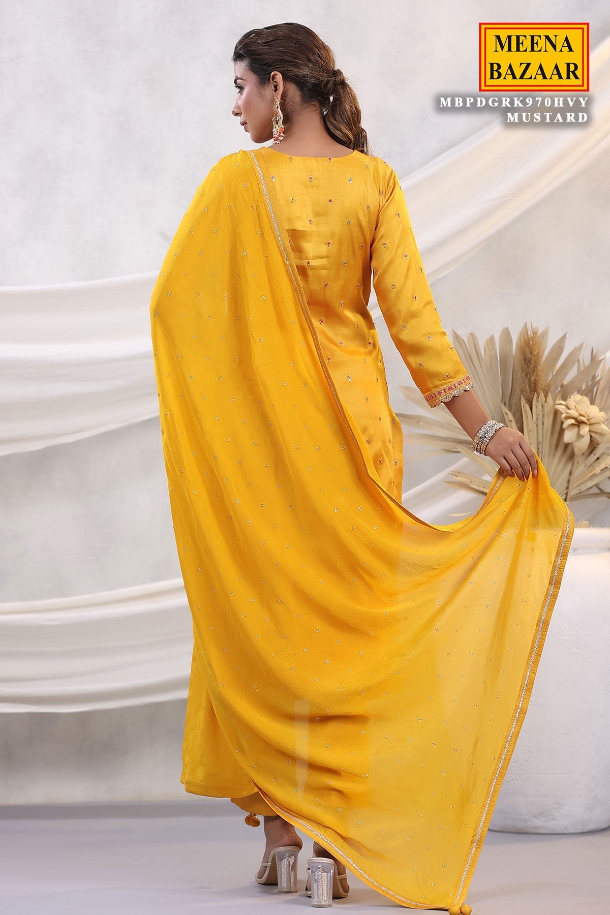 Mustard Silk Threadwork Zari and Sequins Embroidered Unstitched Suit
