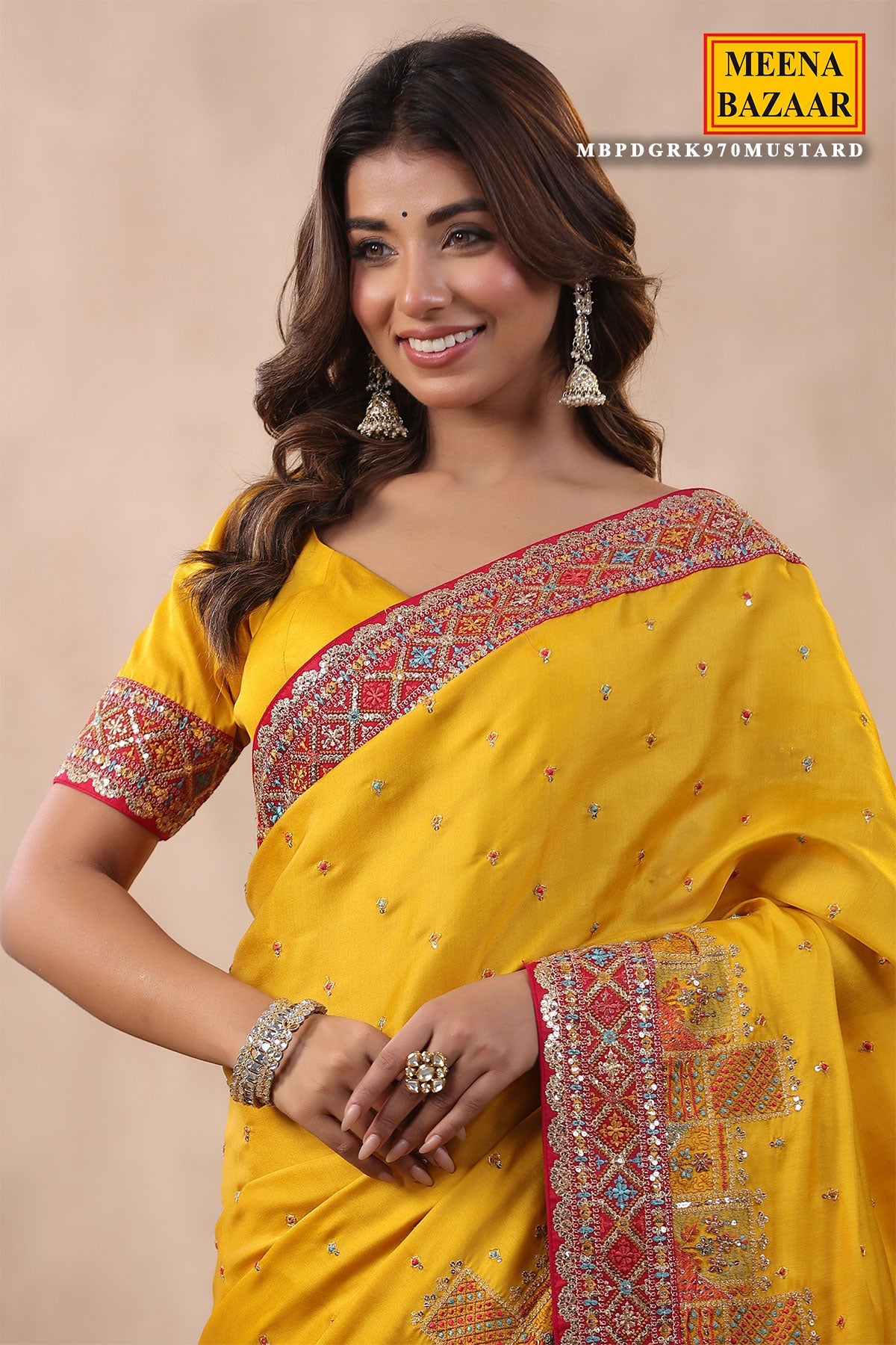 Mustard Silk Threadwork Zari and Sequins Embroidered Saree