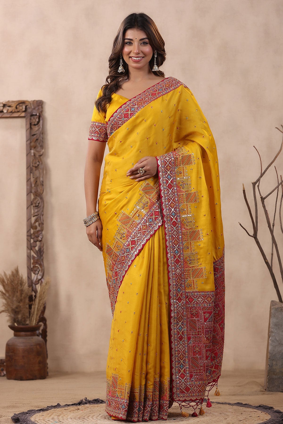 Mustard Silk Threadwork Zari and Sequins Embroidered Saree