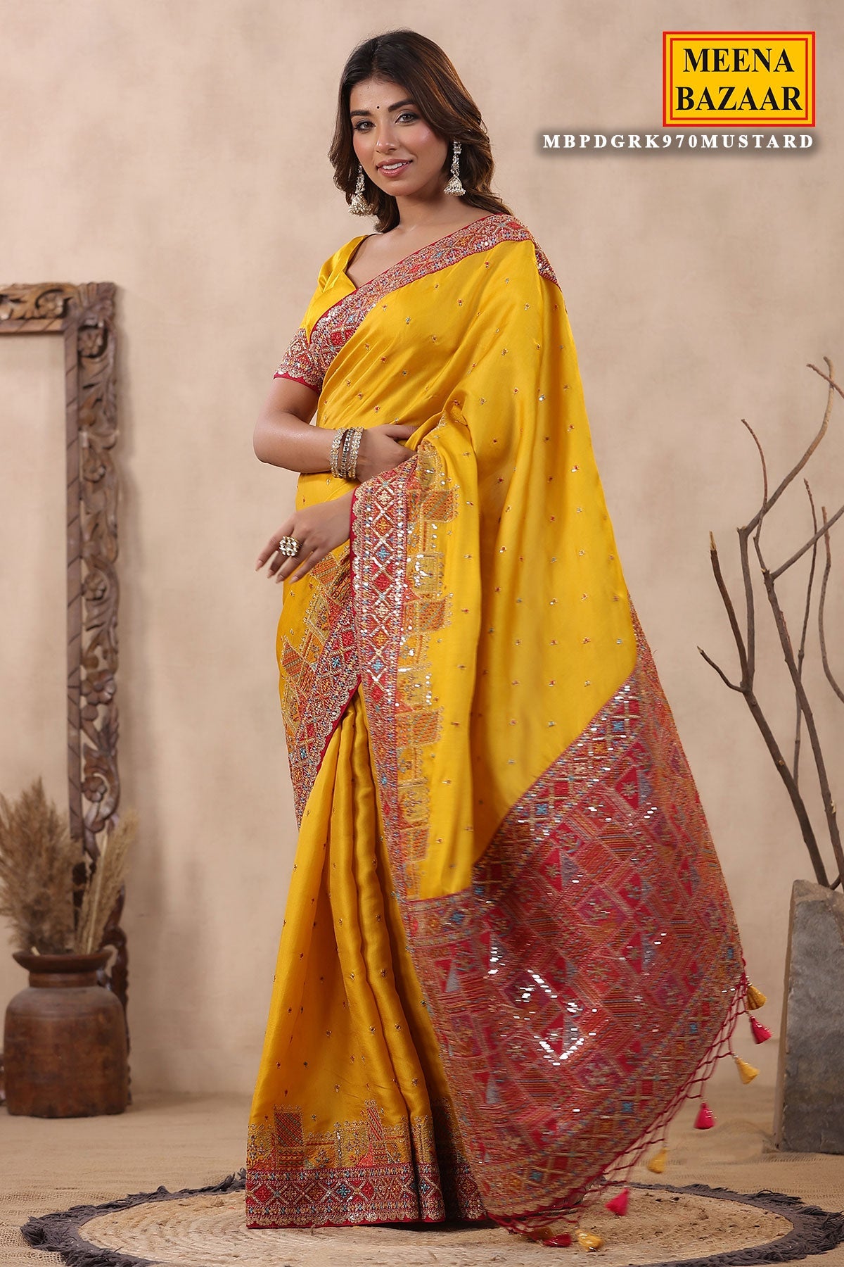 Mustard Silk Threadwork Zari and Sequins Embroidered Saree