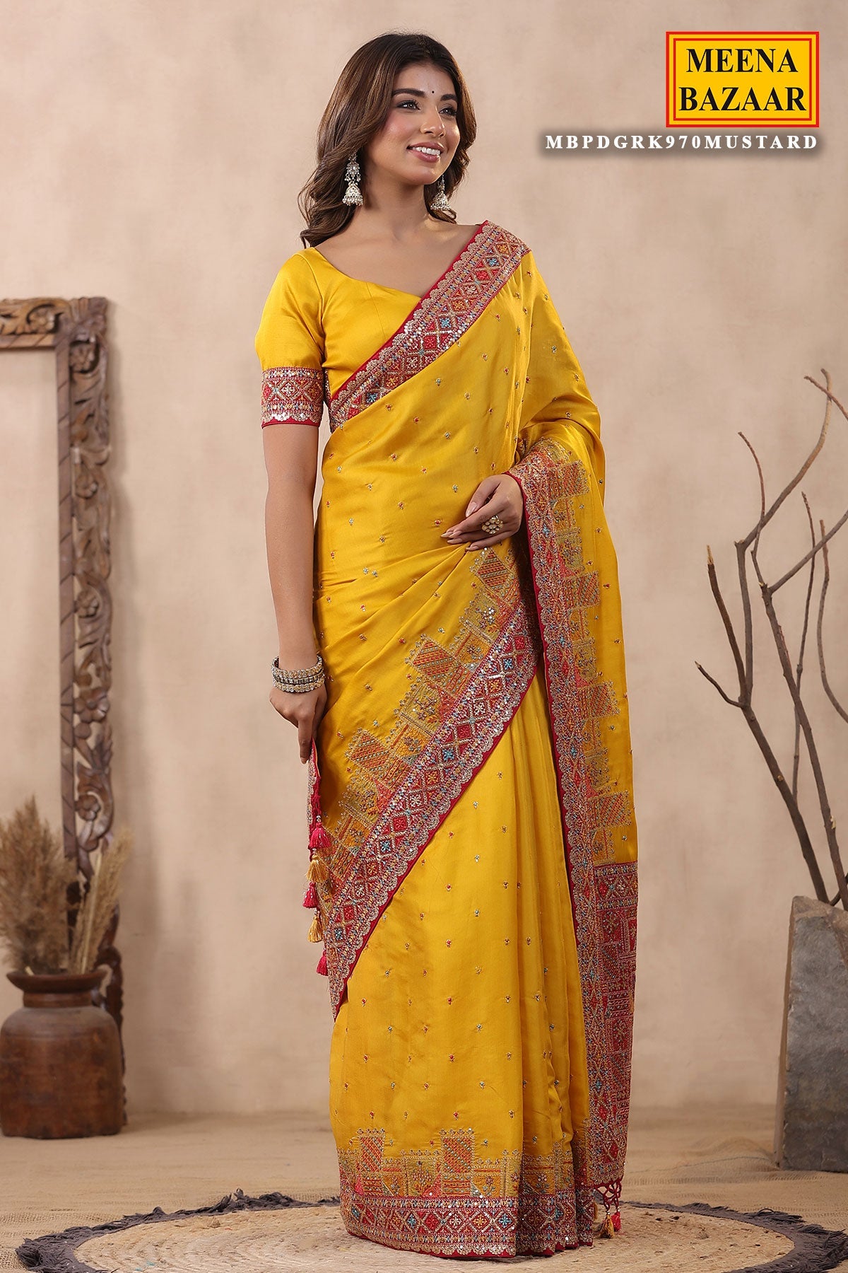 Mustard Silk Threadwork Zari and Sequins Embroidered Saree