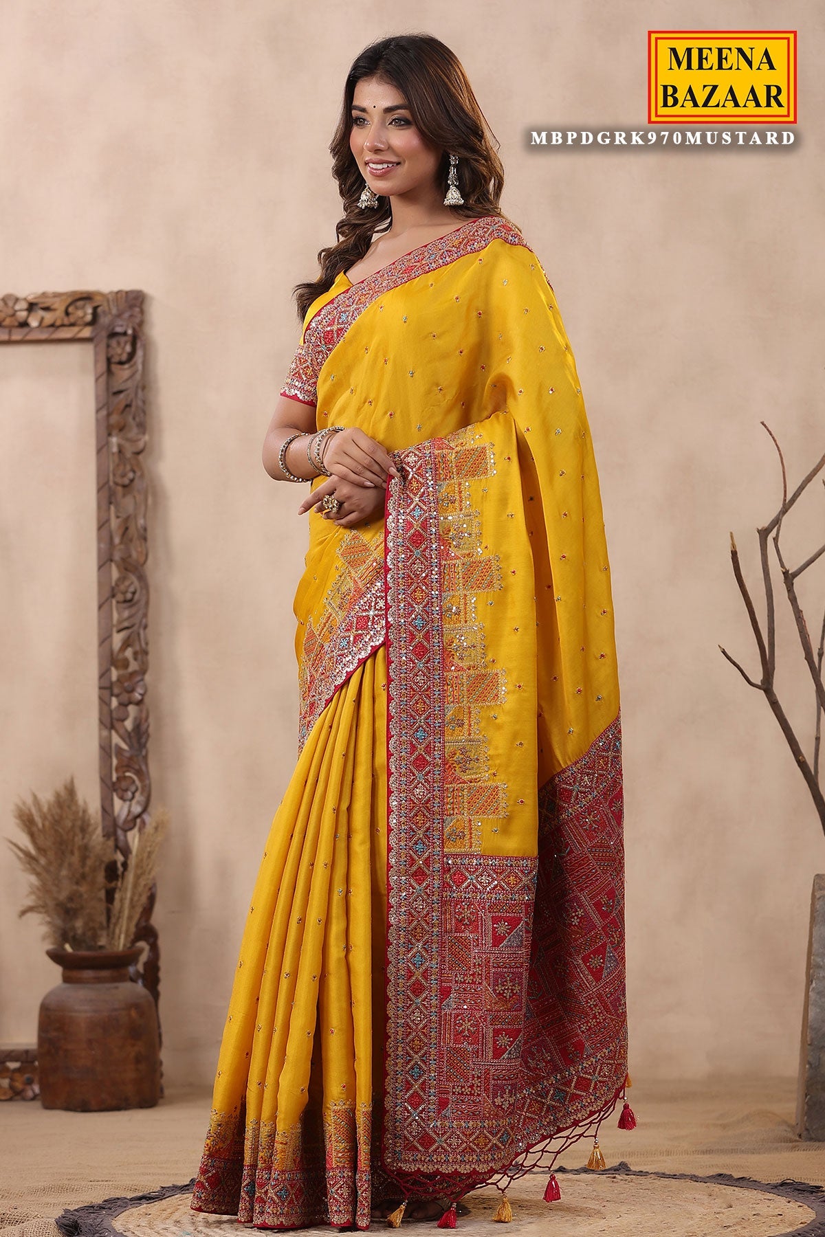 Mustard Silk Threadwork Zari and Sequins Embroidered Saree