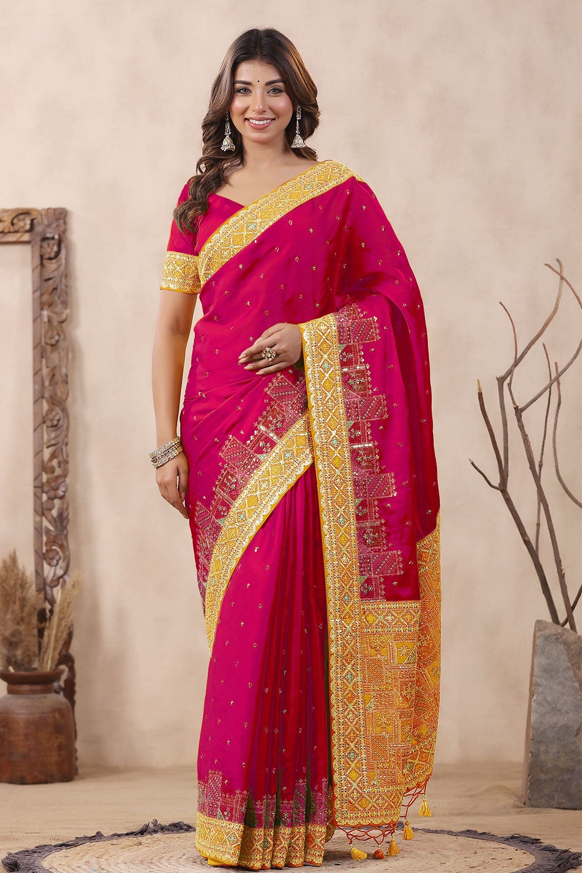 Rani Silk Threadwork Zari and Sequins Embroidered Saree