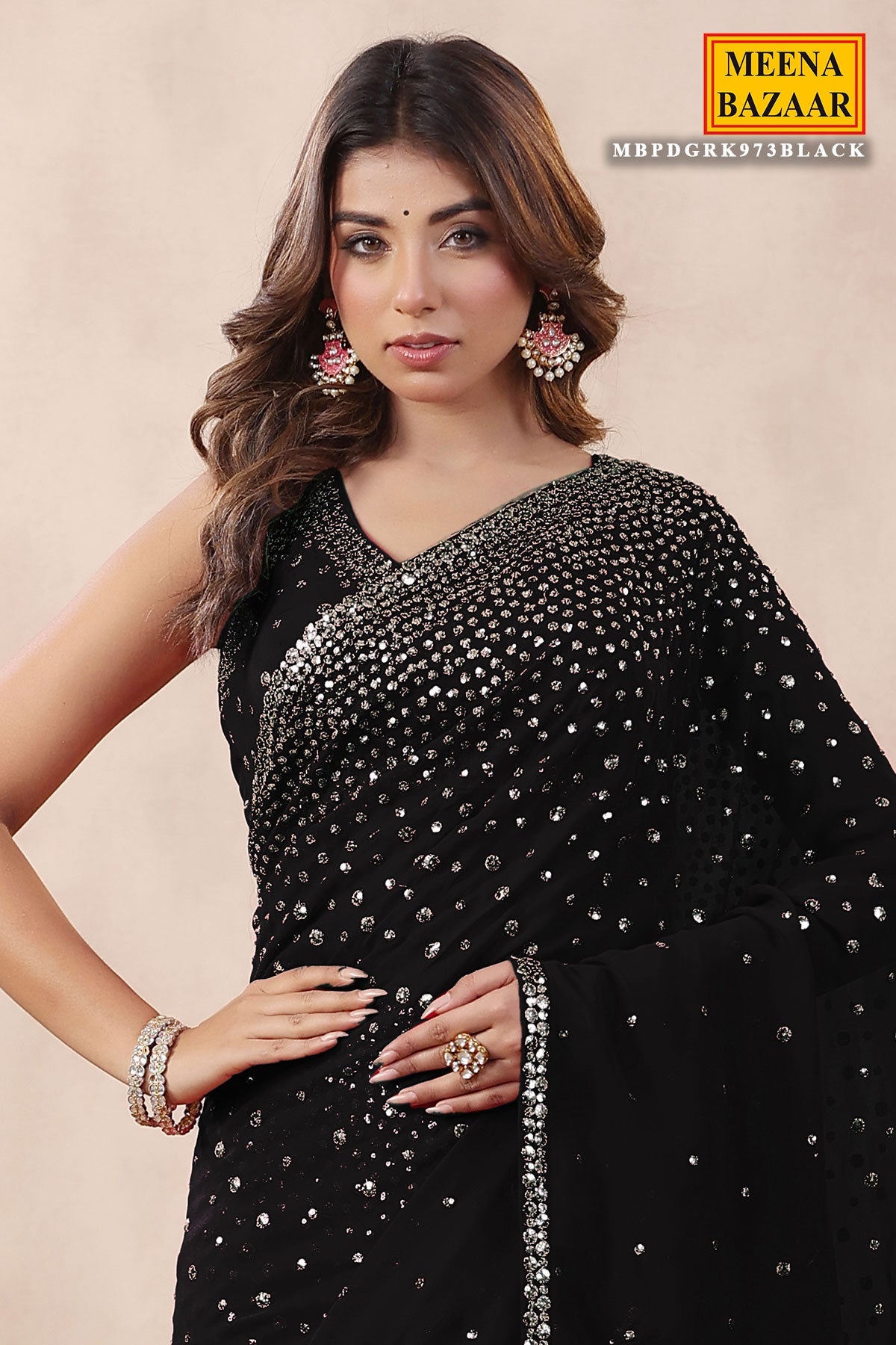 Black Georgette Saree with Zari and Sequins Embroidery
