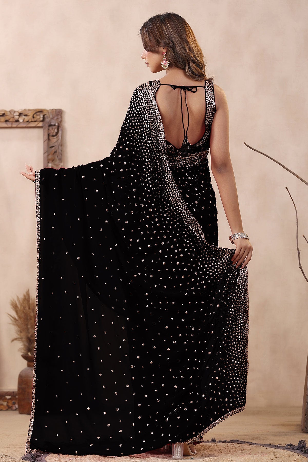 Black Georgette Saree with Zari and Sequins Embroidery