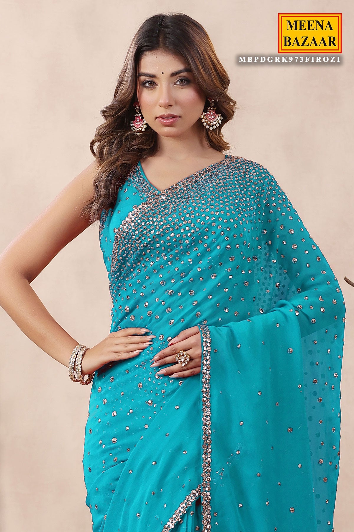 Firozi Georgette Saree with Zari and Sequins Embroidery