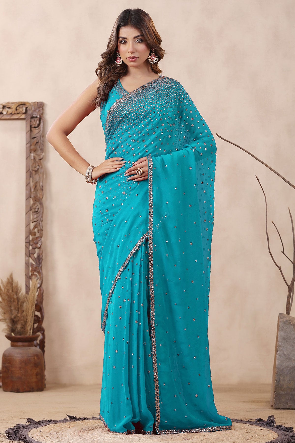 Firozi Georgette Saree with Zari and Sequins Embroidery