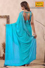 Firozi Georgette Saree with Zari and Sequins Embroidery