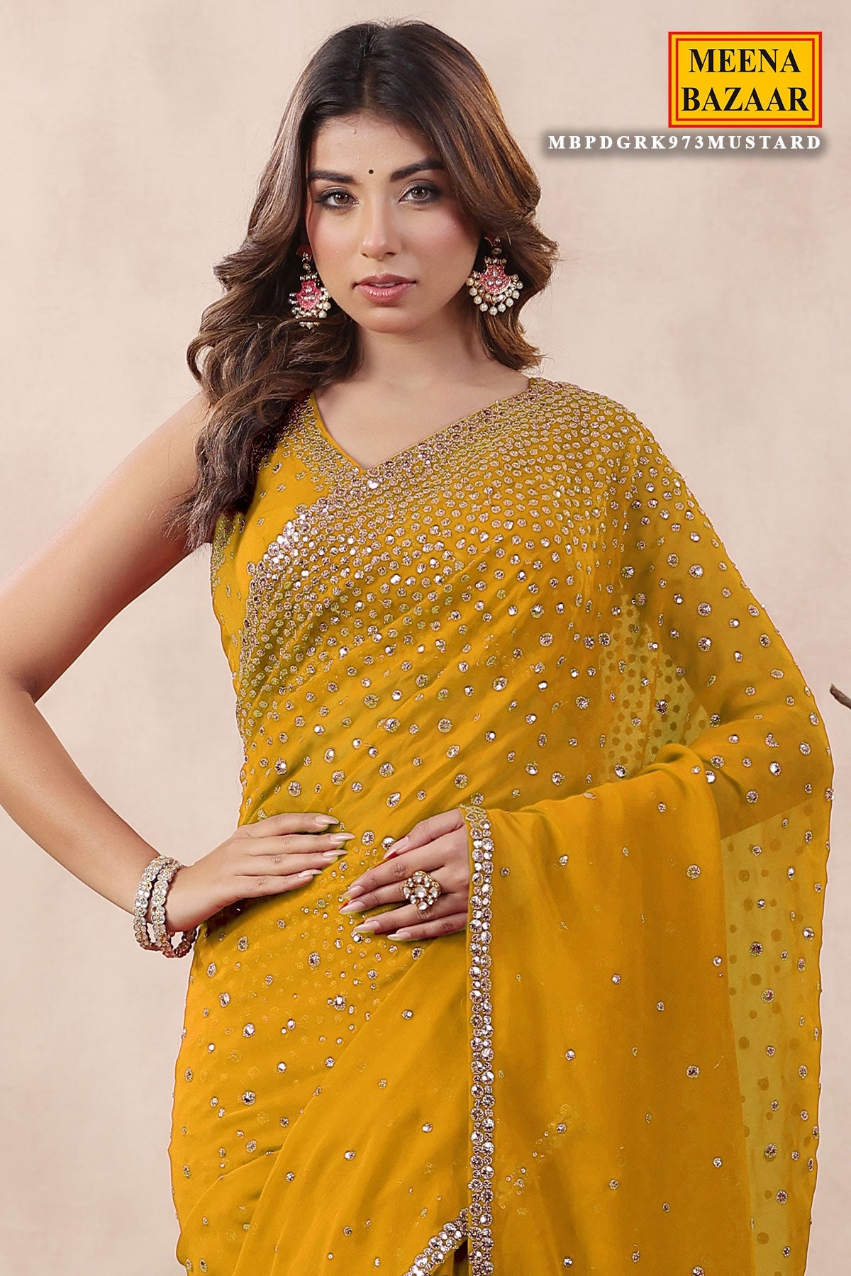 Mustard Georgette Saree with Zari and Sequins Embroidery