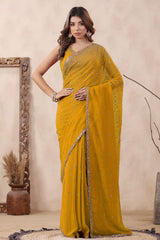 Mustard Georgette Saree with Zari and Sequins Embroidery