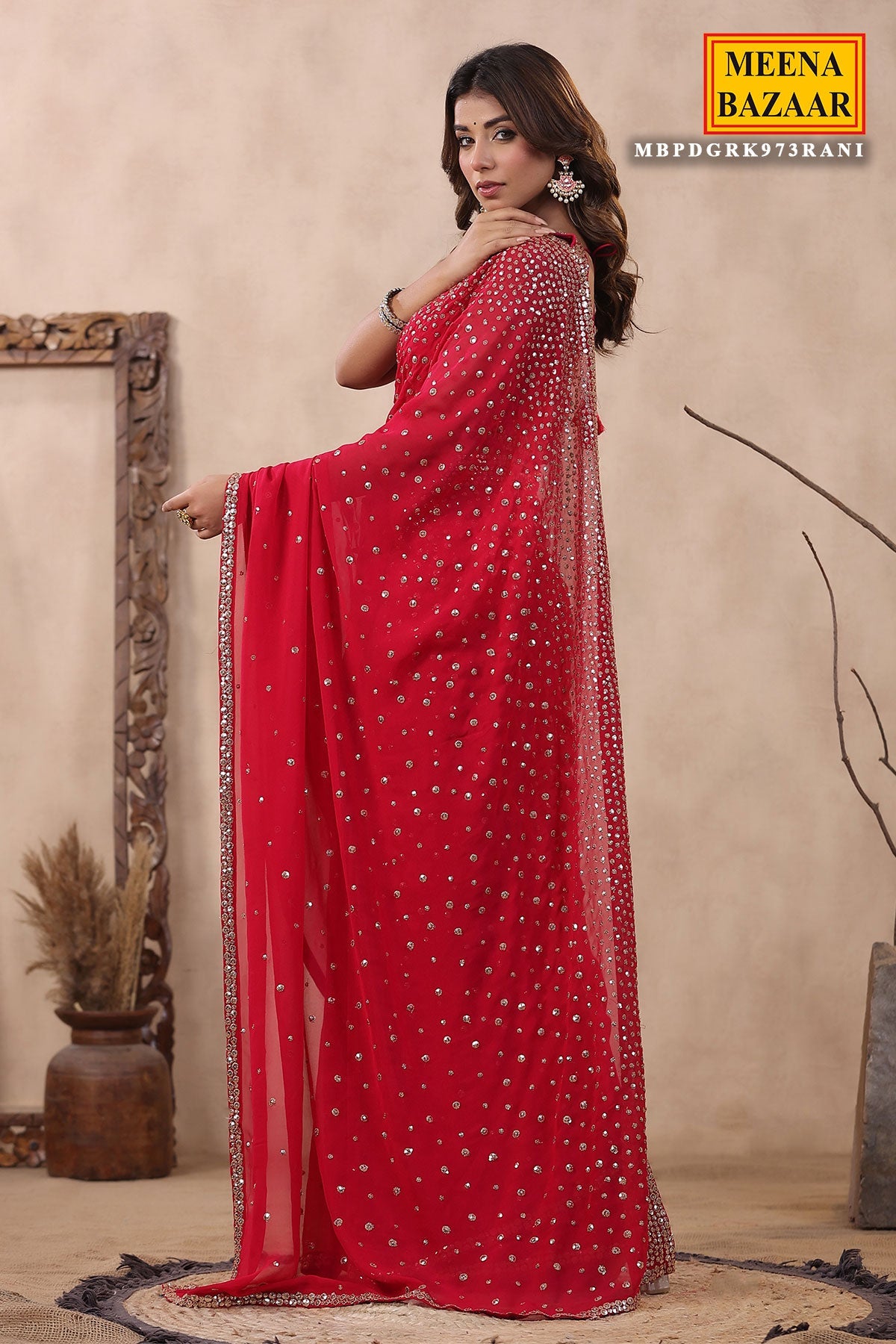 Rani Georgette Zari and Sequins Embroidered Saree with Readymade Blouse